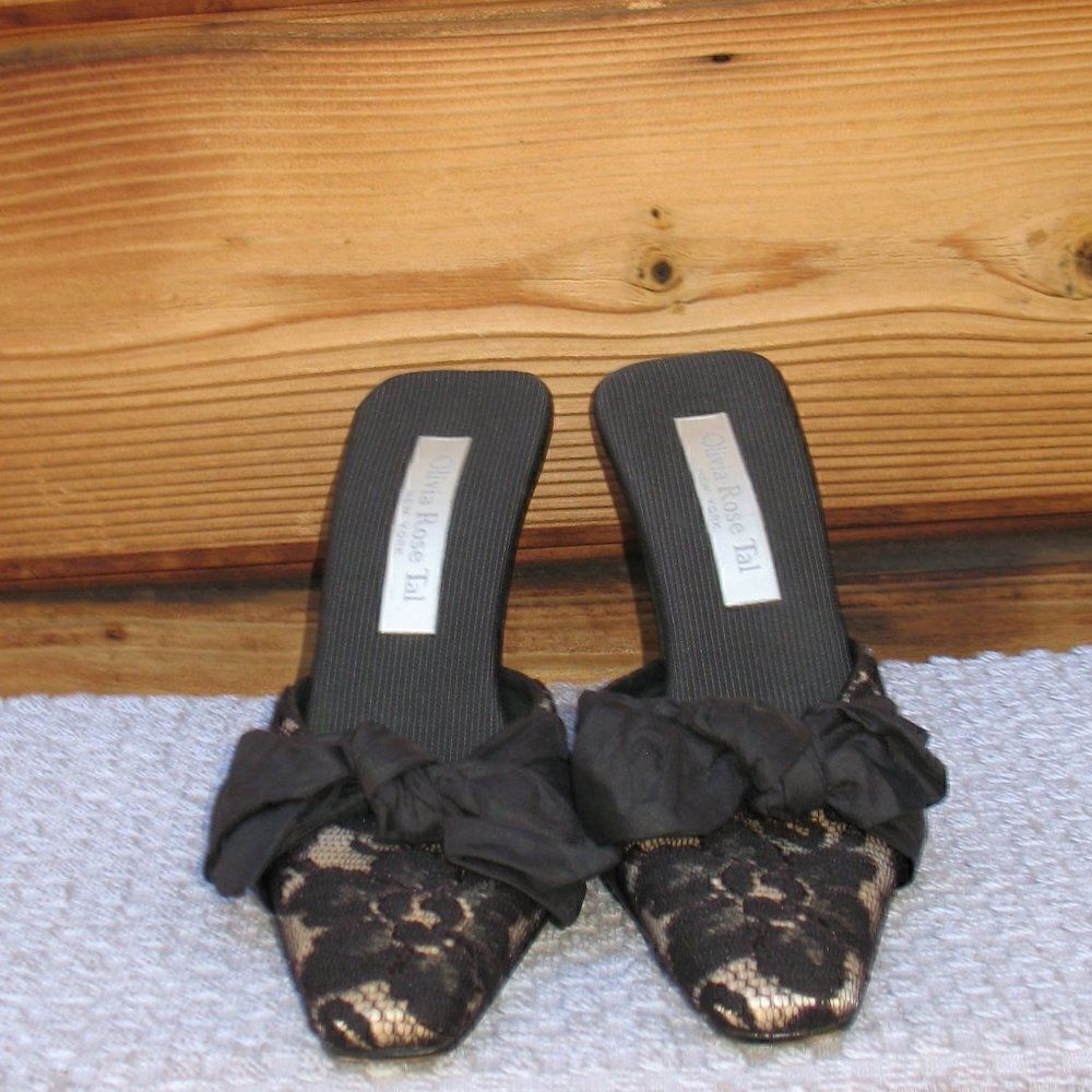 Black Lace Bow Mules Shoes Heels - Picture 4 of 8